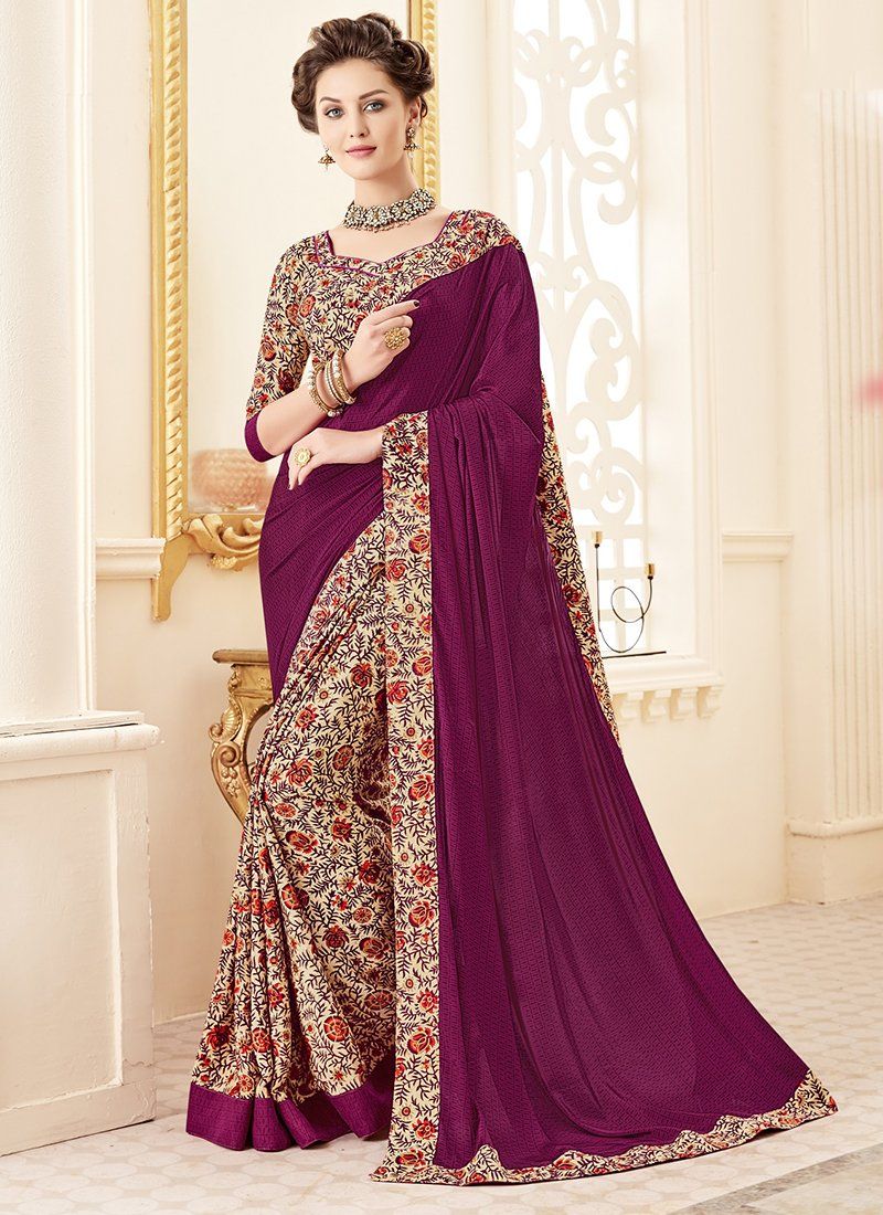 Crepe Silk Party Casual Printed Work Saree- dark purple - Indian Clothing in Denver, CO, Aurora, CO, Boulder, CO, Fort Collins, CO, Colorado Springs, CO, Parker, CO, Highlands Ranch, CO, Cherry Creek, CO, Centennial, CO, and Longmont, CO. Nationwide shipping USA - India Fashion X