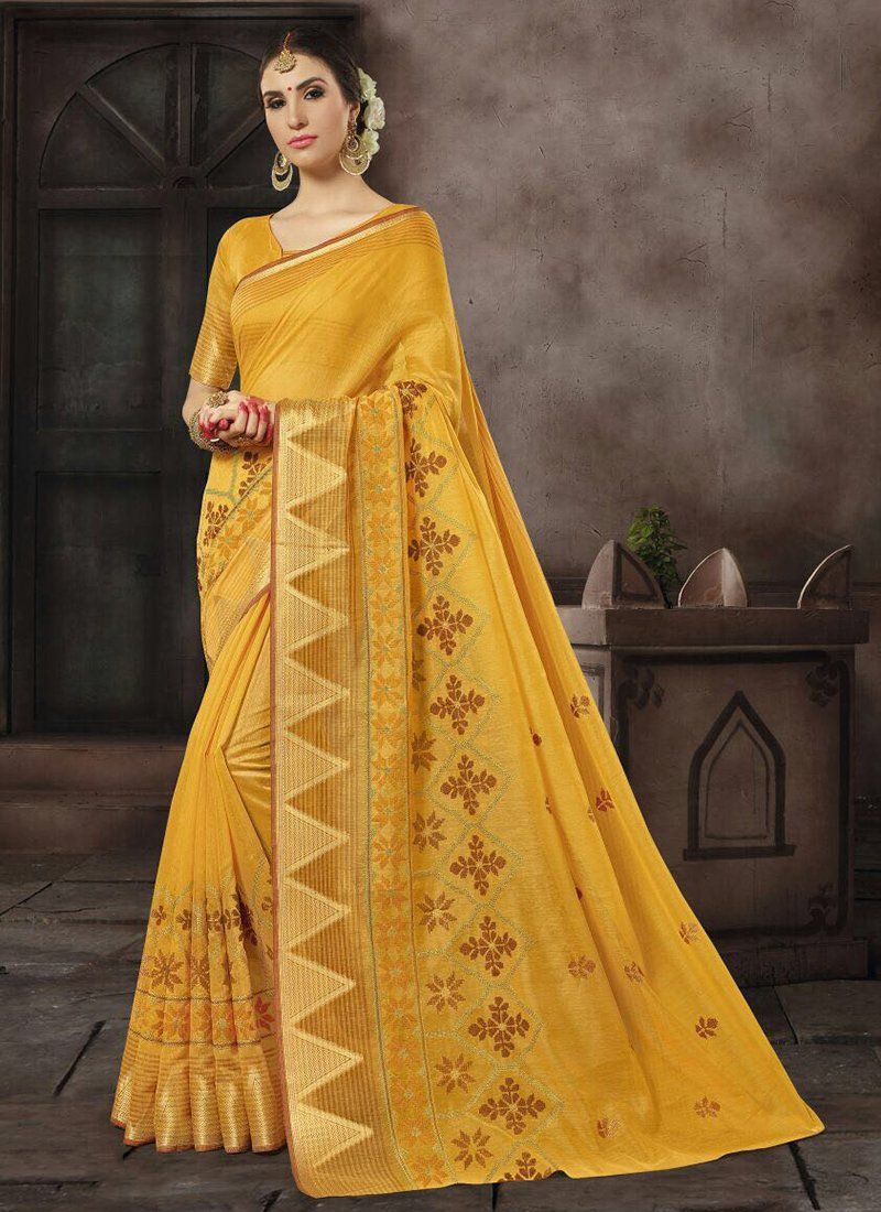 Cotton Silk Casual Wear Printed Work Saree- yellow 2 - Indian Clothing in Denver, CO, Aurora, CO, Boulder, CO, Fort Collins, CO, Colorado Springs, CO, Parker, CO, Highlands Ranch, CO, Cherry Creek, CO, Centennial, CO, and Longmont, CO. Nationwide shipping USA - India Fashion X