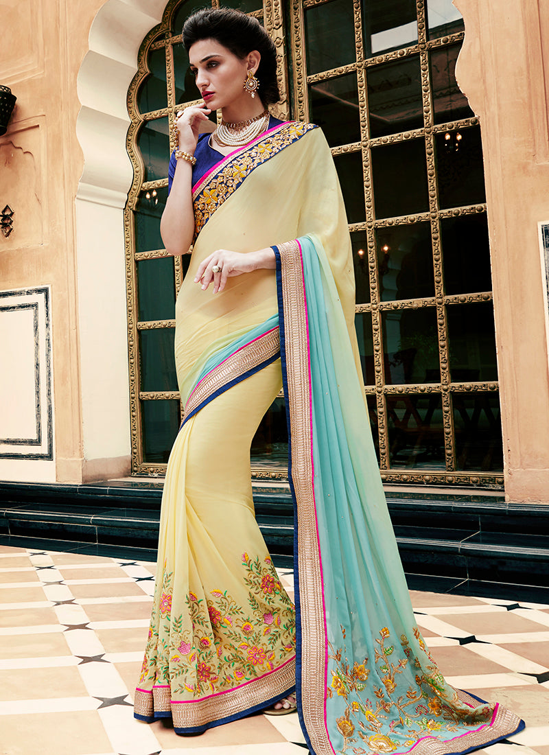 Multi Colour Party Wear Embroidered Work Saree- yellow sorbet - Indian Clothing in Denver, CO, Aurora, CO, Boulder, CO, Fort Collins, CO, Colorado Springs, CO, Parker, CO, Highlands Ranch, CO, Cherry Creek, CO, Centennial, CO, and Longmont, CO. Nationwide shipping USA - India Fashion X