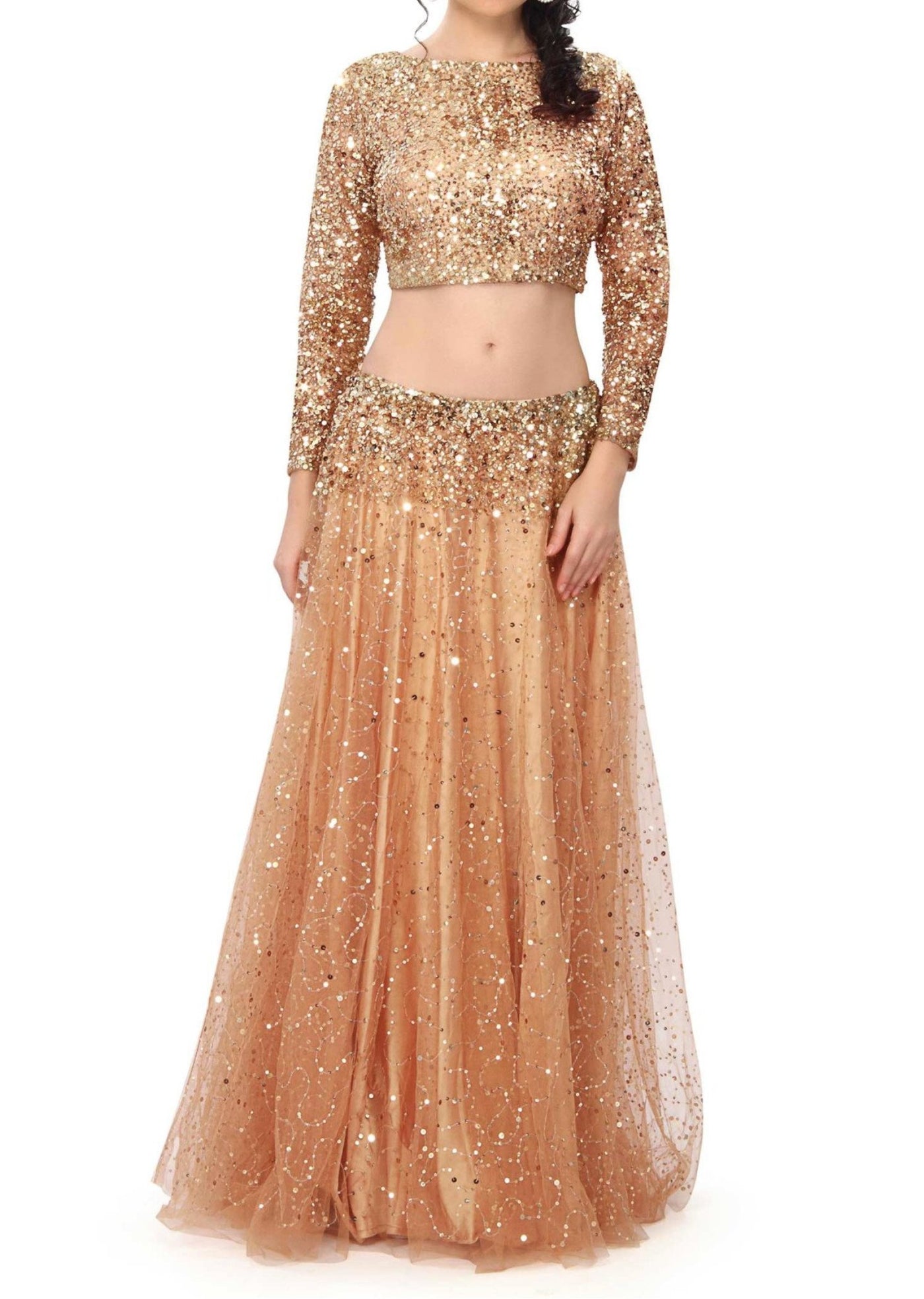 Gold lehenga embellished in sequin embroidery - Indian Clothing in Denver, CO, Aurora, CO, Boulder, CO, Fort Collins, CO, Colorado Springs, CO, Parker, CO, Highlands Ranch, CO, Cherry Creek, CO, Centennial, CO, and Longmont, CO. Nationwide shipping USA - India Fashion X