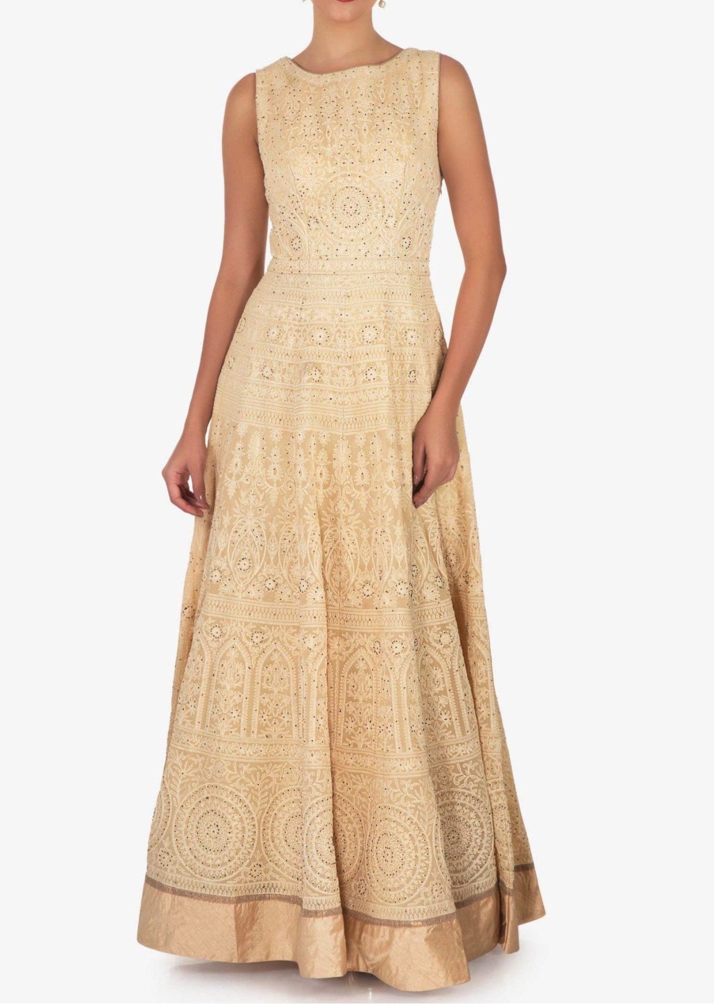 Cream anarkali suit featuring the heavy lucknowi thread work - Indian Clothing in Denver, CO, Aurora, CO, Boulder, CO, Fort Collins, CO, Colorado Springs, CO, Parker, CO, Highlands Ranch, CO, Cherry Creek, CO, Centennial, CO, and Longmont, CO. Nationwide shipping USA - India Fashion X