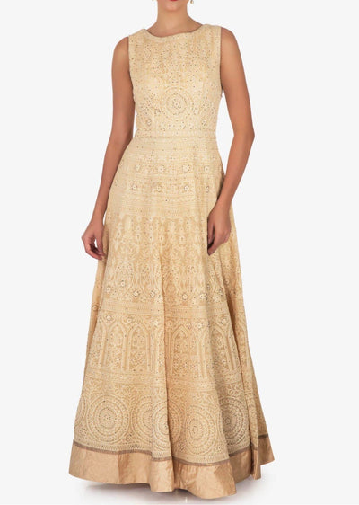 Cream anarkali suit featuring the heavy lucknowi thread work - Indian Clothing in Denver, CO, Aurora, CO, Boulder, CO, Fort Collins, CO, Colorado Springs, CO, Parker, CO, Highlands Ranch, CO, Cherry Creek, CO, Centennial, CO, and Longmont, CO. Nationwide shipping USA - India Fashion X