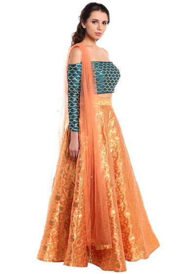 Dark peach lehenga with off shoulder teal blouse - Indian Clothing in Denver, CO, Aurora, CO, Boulder, CO, Fort Collins, CO, Colorado Springs, CO, Parker, CO, Highlands Ranch, CO, Cherry Creek, CO, Centennial, CO, and Longmont, CO. Nationwide shipping USA - India Fashion X
