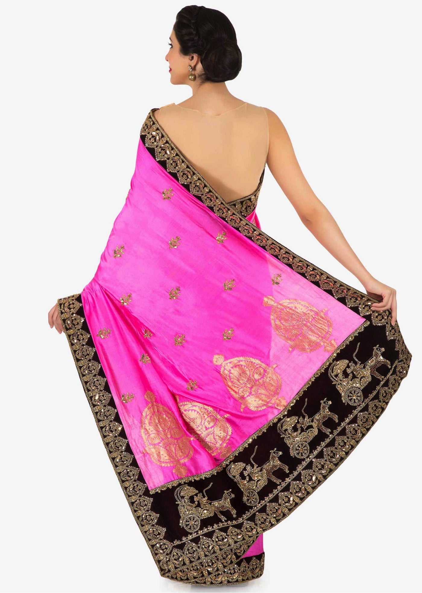 Fuchsia pink saree in silk with chariot motif embroidered border Indian Clothing in Denver, CO, Aurora, CO, Boulder, CO, Fort Collins, CO, Colorado Springs, CO, Parker, CO, Highlands Ranch, CO, Cherry Creek, CO, Centennial, CO, and Longmont, CO. NATIONWIDE SHIPPING USA- India Fashion X