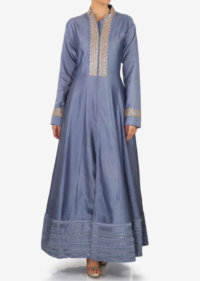 Lavender blue anarkali suit in silk with embroidered placket - Indian Clothing in Denver, CO, Aurora, CO, Boulder, CO, Fort Collins, CO, Colorado Springs, CO, Parker, CO, Highlands Ranch, CO, Cherry Creek, CO, Centennial, CO, and Longmont, CO. Nationwide shipping USA - India Fashion X