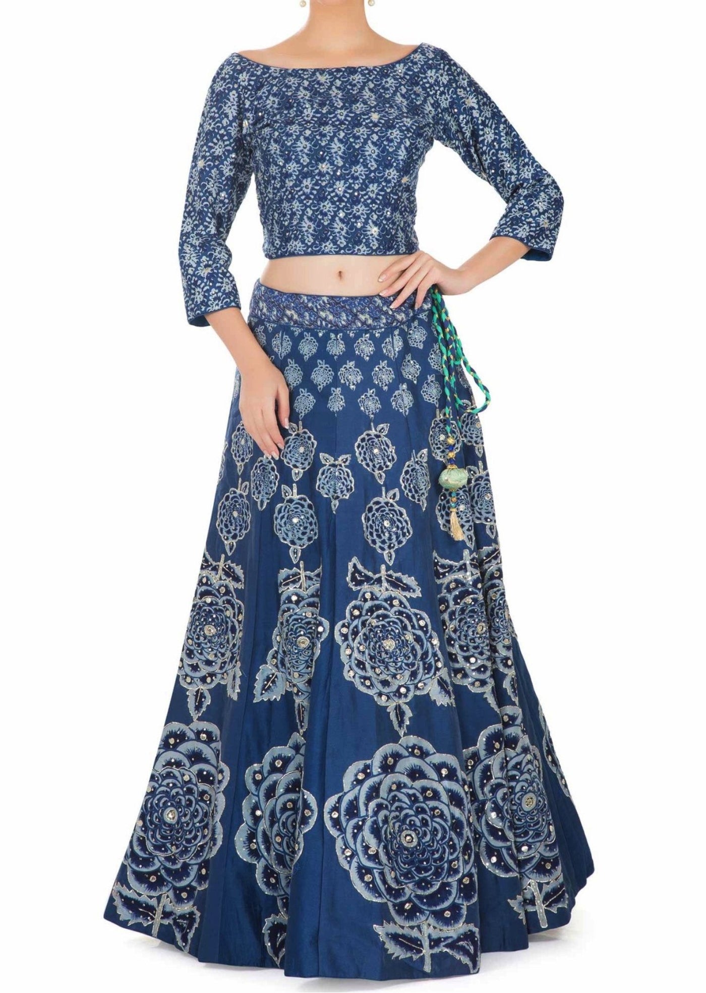 Printed Blue Cotton Top and Lehenga with Sequins and Silk Net Dupatta Indian Clothing in Denver, CO, Aurora, CO, Boulder, CO, Fort Collins, CO, Colorado Springs, CO, Parker, CO, Highlands Ranch, CO, Cherry Creek, CO, Centennial, CO, and Longmont, CO. NATIONWIDE SHIPPING USA- India Fashion X