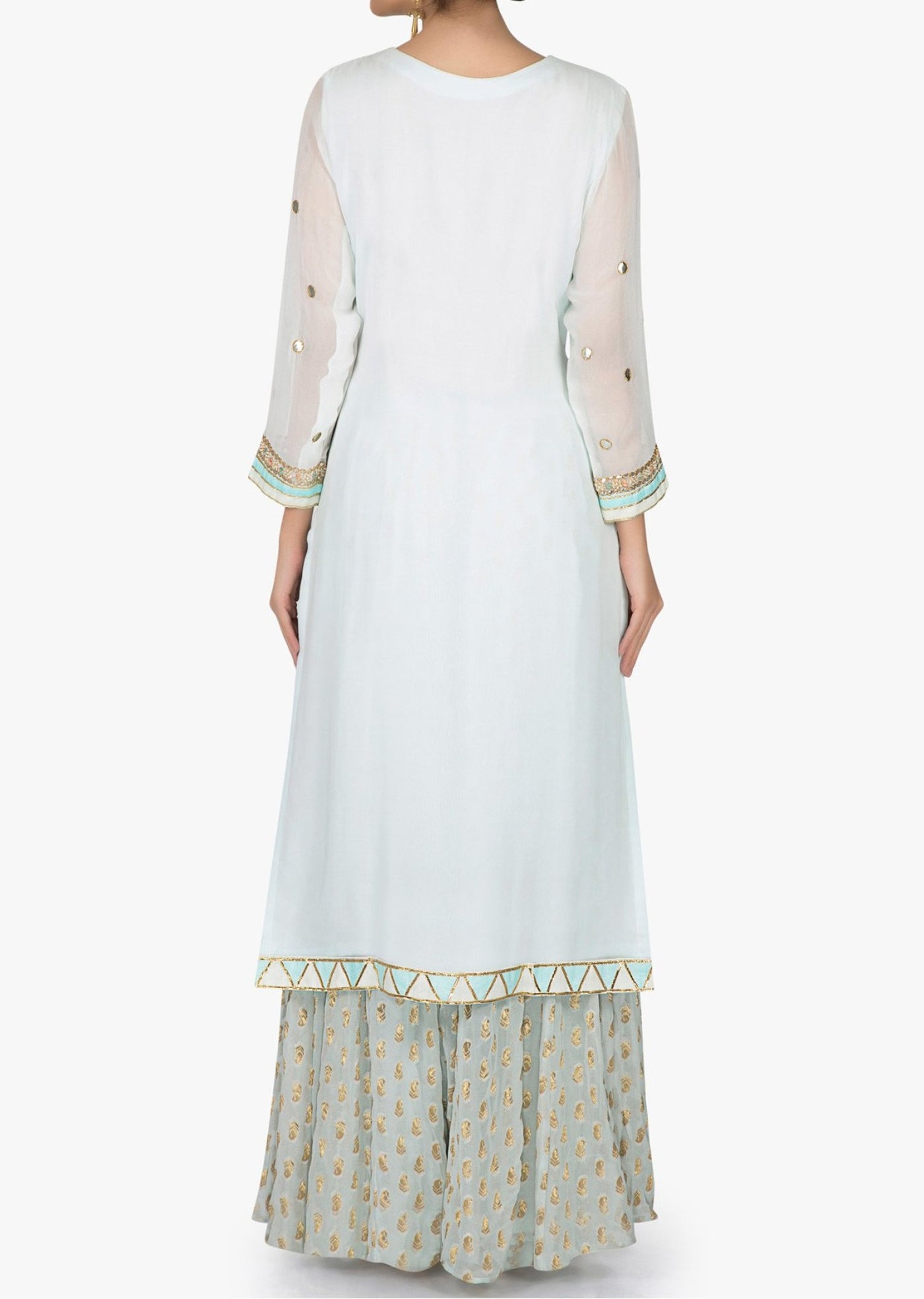 Mint blue palazzo suit in georgette with gotta patch embroidered neckline - Indian Clothing in Denver, CO, Aurora, CO, Boulder, CO, Fort Collins, CO, Colorado Springs, CO, Parker, CO, Highlands Ranch, CO, Cherry Creek, CO, Centennial, CO, and Longmont, CO. Nationwide shipping USA - India Fashion X