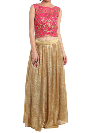 Rani pink crop top blouse in rani pink with gold shimmer skirt Indian Clothing in Denver, CO, Aurora, CO, Boulder, CO, Fort Collins, CO, Colorado Springs, CO, Parker, CO, Highlands Ranch, CO, Cherry Creek, CO, Centennial, CO, and Longmont, CO. NATIONWIDE SHIPPING USA- India Fashion X
