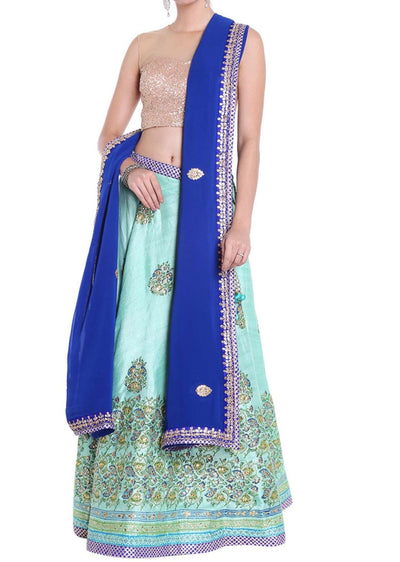 Turq blue lehange in resham butti with blue dupatta Indian Clothing in Denver, CO, Aurora, CO, Boulder, CO, Fort Collins, CO, Colorado Springs, CO, Parker, CO, Highlands Ranch, CO, Cherry Creek, CO, Centennial, CO, and Longmont, CO. NATIONWIDE SHIPPING USA- India Fashion X