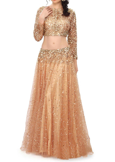 Gold lehenga embellished in sequin embroidery - Indian Clothing in Denver, CO, Aurora, CO, Boulder, CO, Fort Collins, CO, Colorado Springs, CO, Parker, CO, Highlands Ranch, CO, Cherry Creek, CO, Centennial, CO, and Longmont, CO. Nationwide shipping USA - India Fashion X