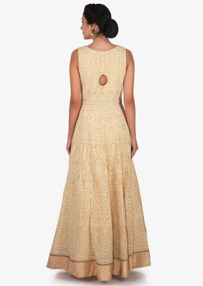 Cream anarkali suit featuring the heavy lucknowi thread work - Indian Clothing in Denver, CO, Aurora, CO, Boulder, CO, Fort Collins, CO, Colorado Springs, CO, Parker, CO, Highlands Ranch, CO, Cherry Creek, CO, Centennial, CO, and Longmont, CO. Nationwide shipping USA - India Fashion X