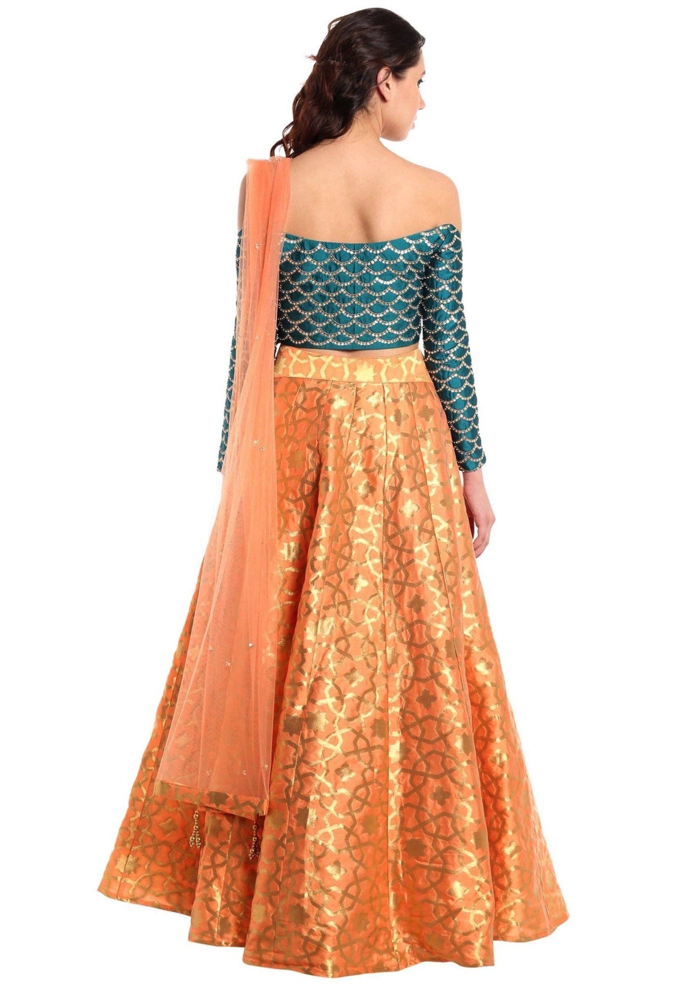 Dark peach lehenga with off shoulder teal blouse - Indian Clothing in Denver, CO, Aurora, CO, Boulder, CO, Fort Collins, CO, Colorado Springs, CO, Parker, CO, Highlands Ranch, CO, Cherry Creek, CO, Centennial, CO, and Longmont, CO. Nationwide shipping USA - India Fashion X