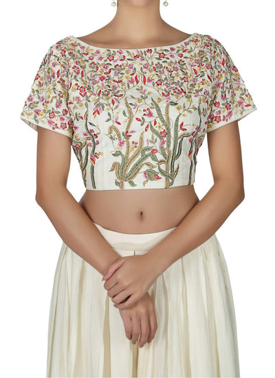 Off white skirt in georgette with crop top embroidered blouse - Indian Clothing in Denver, CO, Aurora, CO, Boulder, CO, Fort Collins, CO, Colorado Springs, CO, Parker, CO, Highlands Ranch, CO, Cherry Creek, CO, Centennial, CO, and Longmont, CO. Nationwide shipping USA - India Fashion X