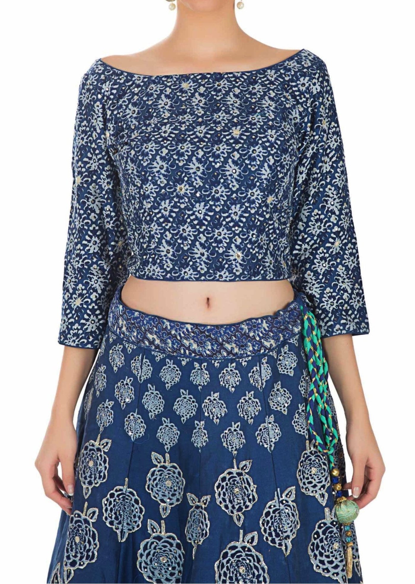 Printed Blue Cotton Top and Lehenga with Sequins and Silk Net Dupatta Indian Clothing in Denver, CO, Aurora, CO, Boulder, CO, Fort Collins, CO, Colorado Springs, CO, Parker, CO, Highlands Ranch, CO, Cherry Creek, CO, Centennial, CO, and Longmont, CO. NATIONWIDE SHIPPING USA- India Fashion X