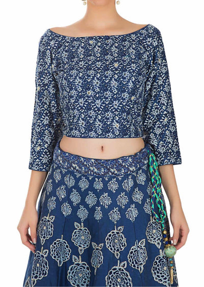 Printed Blue Cotton Top and Lehenga with Sequins and Silk Net Dupatta Indian Clothing in Denver, CO, Aurora, CO, Boulder, CO, Fort Collins, CO, Colorado Springs, CO, Parker, CO, Highlands Ranch, CO, Cherry Creek, CO, Centennial, CO, and Longmont, CO. NATIONWIDE SHIPPING USA- India Fashion X