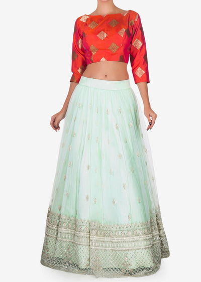 Mint blue lehenga with a orange brocade silk blouse embellished in thread work - Indian Clothing in Denver, CO, Aurora, CO, Boulder, CO, Fort Collins, CO, Colorado Springs, CO, Parker, CO, Highlands Ranch, CO, Cherry Creek, CO, Centennial, CO, and Longmont, CO. Nationwide shipping USA - India Fashion X
