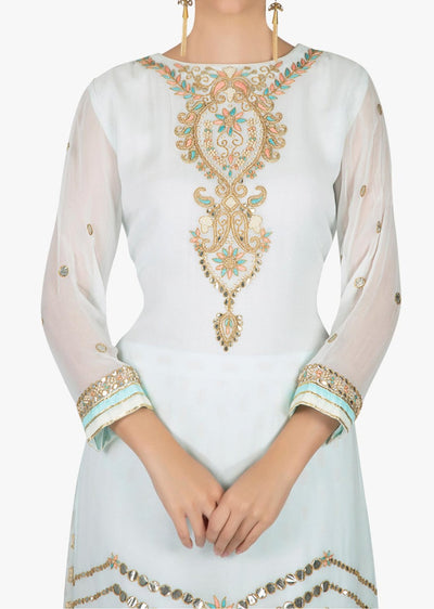 Mint blue palazzo suit in georgette with gotta patch embroidered neckline - Indian Clothing in Denver, CO, Aurora, CO, Boulder, CO, Fort Collins, CO, Colorado Springs, CO, Parker, CO, Highlands Ranch, CO, Cherry Creek, CO, Centennial, CO, and Longmont, CO. Nationwide shipping USA - India Fashion X