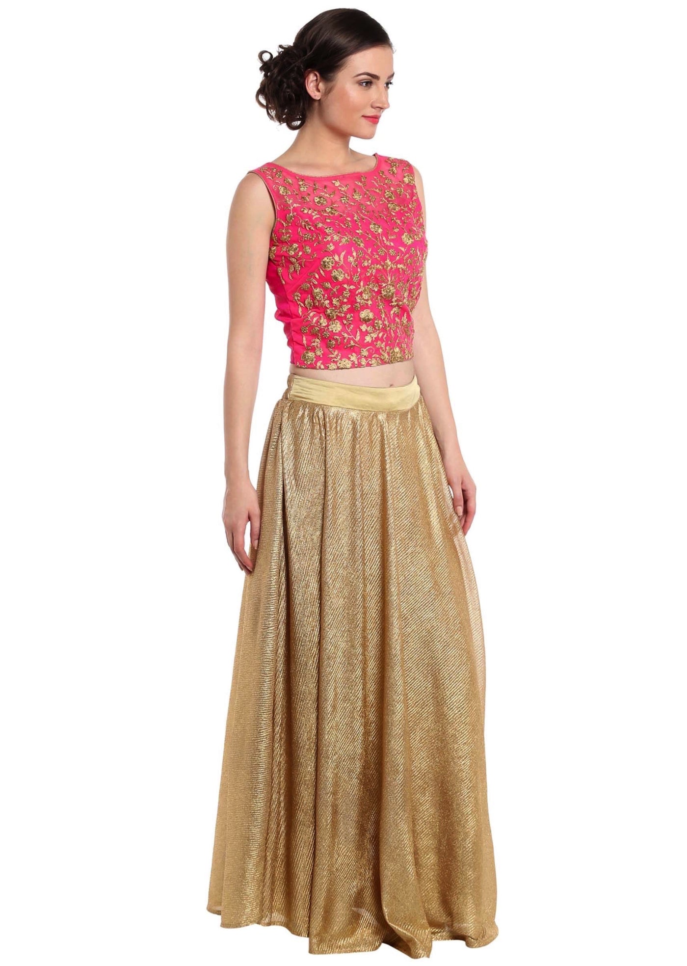 Rani pink crop top blouse in rani pink with gold shimmer skirt Indian Clothing in Denver, CO, Aurora, CO, Boulder, CO, Fort Collins, CO, Colorado Springs, CO, Parker, CO, Highlands Ranch, CO, Cherry Creek, CO, Centennial, CO, and Longmont, CO. NATIONWIDE SHIPPING USA- India Fashion X