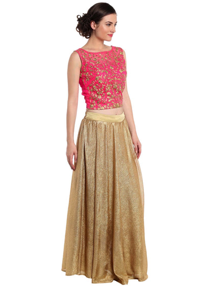 Rani pink crop top blouse in rani pink with gold shimmer skirt Indian Clothing in Denver, CO, Aurora, CO, Boulder, CO, Fort Collins, CO, Colorado Springs, CO, Parker, CO, Highlands Ranch, CO, Cherry Creek, CO, Centennial, CO, and Longmont, CO. NATIONWIDE SHIPPING USA- India Fashion X