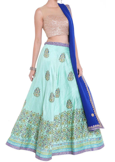 Turq blue lehange in resham butti with blue dupatta Indian Clothing in Denver, CO, Aurora, CO, Boulder, CO, Fort Collins, CO, Colorado Springs, CO, Parker, CO, Highlands Ranch, CO, Cherry Creek, CO, Centennial, CO, and Longmont, CO. NATIONWIDE SHIPPING USA- India Fashion X