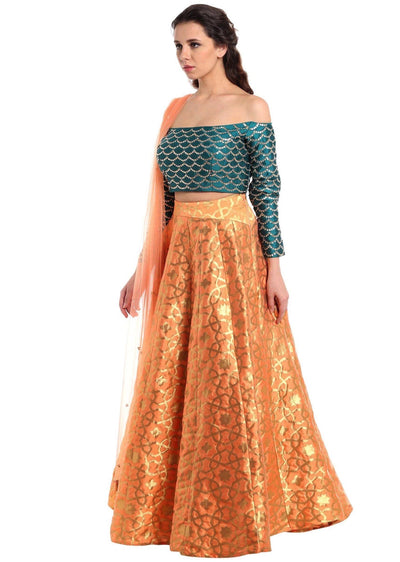 Dark peach lehenga with off shoulder teal blouse - Indian Clothing in Denver, CO, Aurora, CO, Boulder, CO, Fort Collins, CO, Colorado Springs, CO, Parker, CO, Highlands Ranch, CO, Cherry Creek, CO, Centennial, CO, and Longmont, CO. Nationwide shipping USA - India Fashion X
