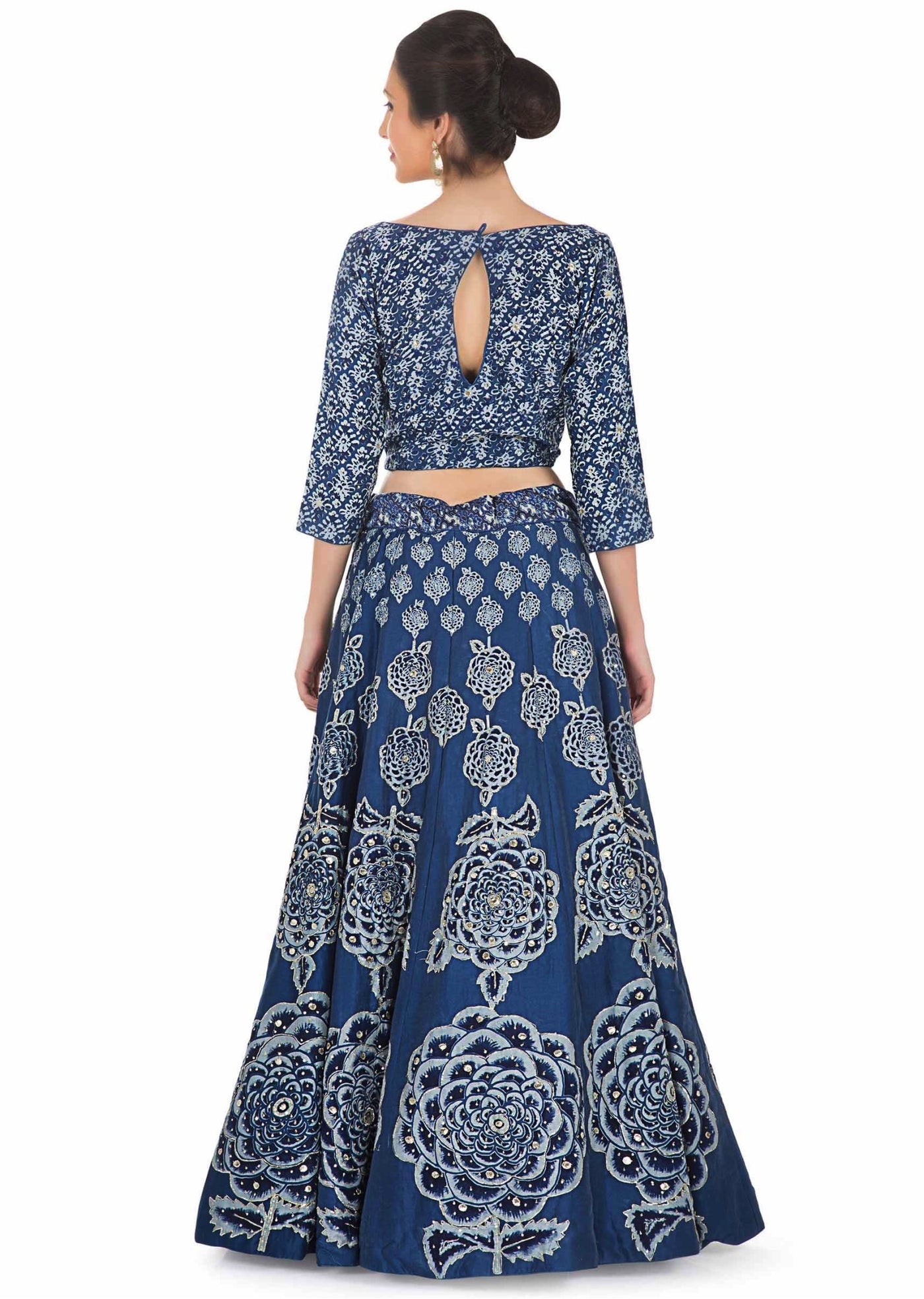 Printed Blue Cotton Top and Lehenga with Sequins and Silk Net Dupatta Indian Clothing in Denver, CO, Aurora, CO, Boulder, CO, Fort Collins, CO, Colorado Springs, CO, Parker, CO, Highlands Ranch, CO, Cherry Creek, CO, Centennial, CO, and Longmont, CO. NATIONWIDE SHIPPING USA- India Fashion X