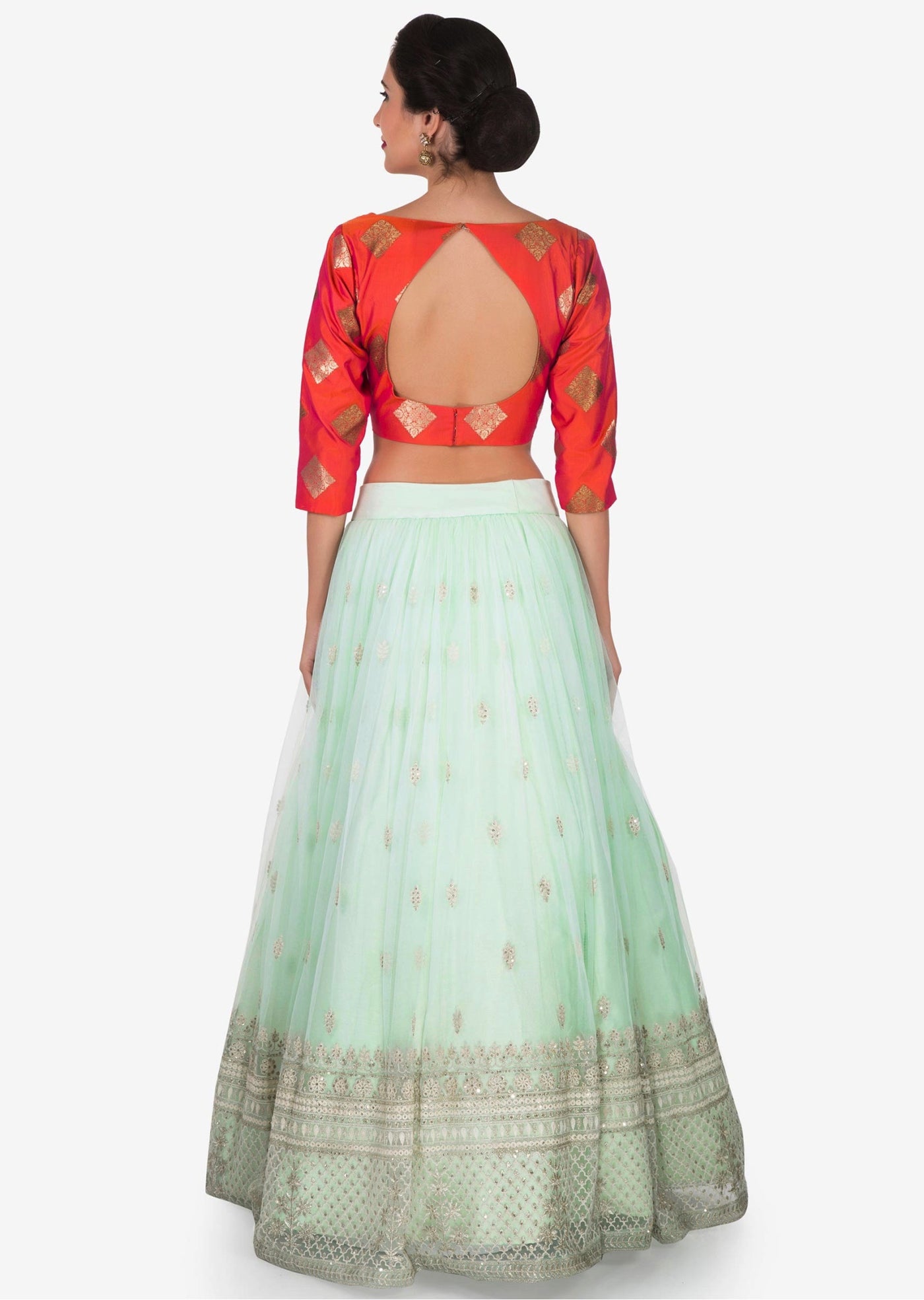 Mint blue lehenga with a orange brocade silk blouse embellished in thread work - Indian Clothing in Denver, CO, Aurora, CO, Boulder, CO, Fort Collins, CO, Colorado Springs, CO, Parker, CO, Highlands Ranch, CO, Cherry Creek, CO, Centennial, CO, and Longmont, CO. Nationwide shipping USA - India Fashion X