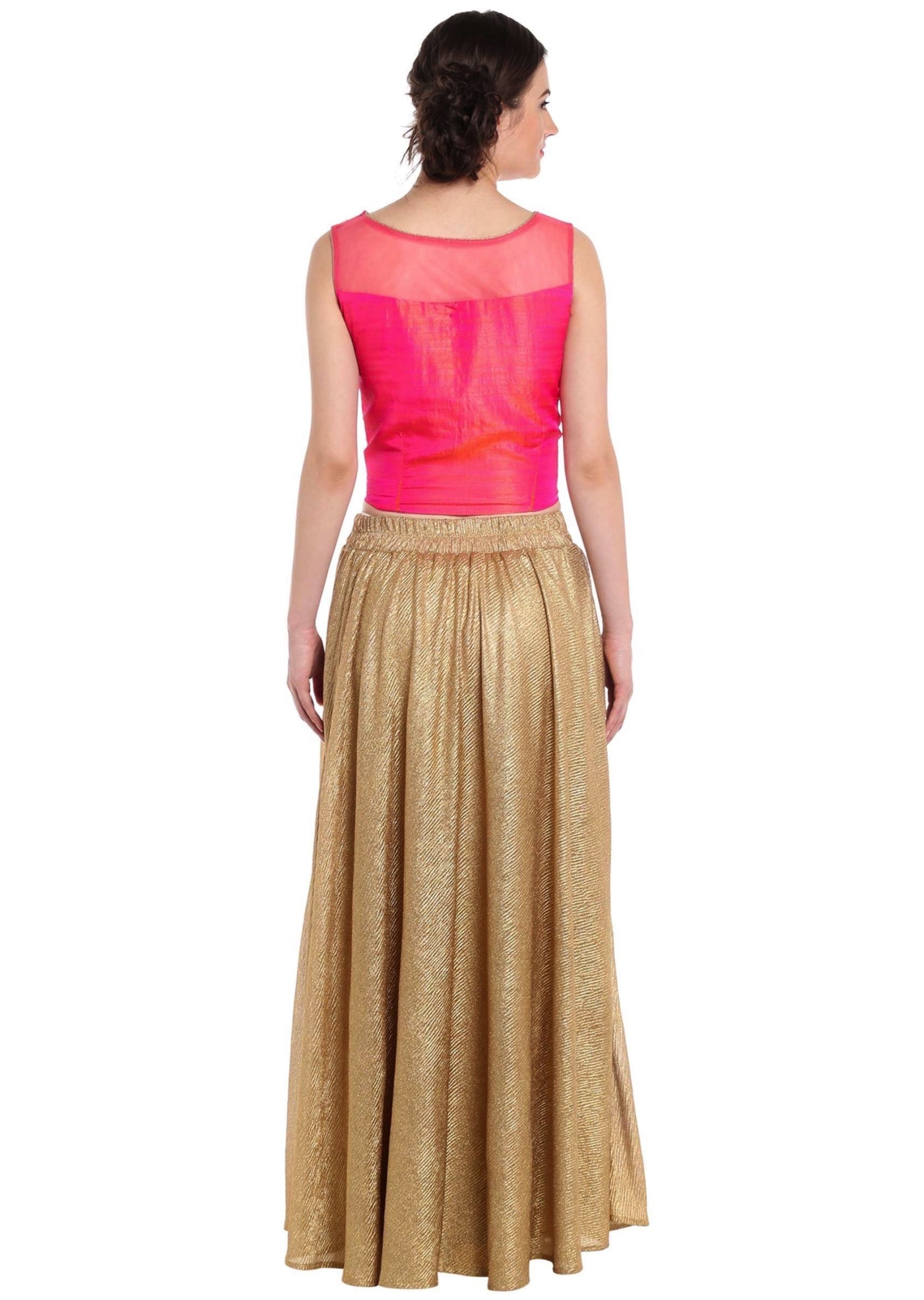 Rani pink crop top blouse in rani pink with gold shimmer skirt Indian Clothing in Denver, CO, Aurora, CO, Boulder, CO, Fort Collins, CO, Colorado Springs, CO, Parker, CO, Highlands Ranch, CO, Cherry Creek, CO, Centennial, CO, and Longmont, CO. NATIONWIDE SHIPPING USA- India Fashion X