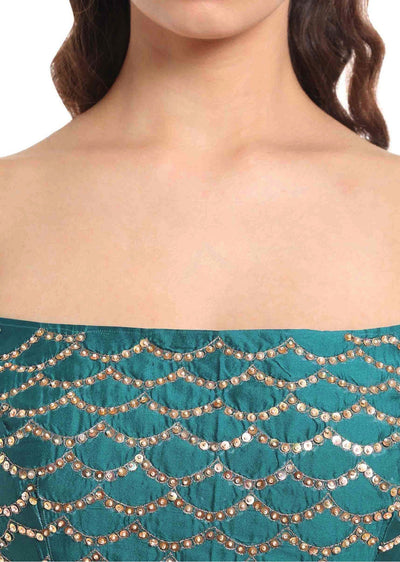 Dark peach lehenga with off shoulder teal blouse - Indian Clothing in Denver, CO, Aurora, CO, Boulder, CO, Fort Collins, CO, Colorado Springs, CO, Parker, CO, Highlands Ranch, CO, Cherry Creek, CO, Centennial, CO, and Longmont, CO. Nationwide shipping USA - India Fashion X
