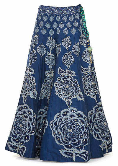 Printed Blue Cotton Top and Lehenga with Sequins and Silk Net Dupatta Indian Clothing in Denver, CO, Aurora, CO, Boulder, CO, Fort Collins, CO, Colorado Springs, CO, Parker, CO, Highlands Ranch, CO, Cherry Creek, CO, Centennial, CO, and Longmont, CO. NATIONWIDE SHIPPING USA- India Fashion X