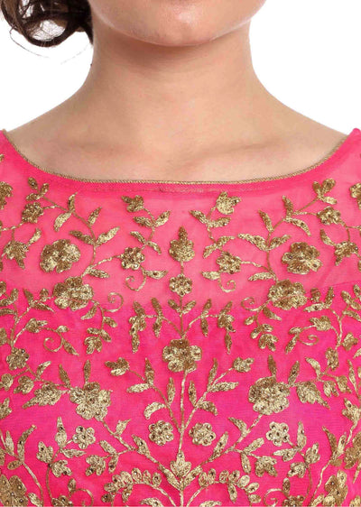 Rani pink crop top blouse in rani pink with gold shimmer skirt Indian Clothing in Denver, CO, Aurora, CO, Boulder, CO, Fort Collins, CO, Colorado Springs, CO, Parker, CO, Highlands Ranch, CO, Cherry Creek, CO, Centennial, CO, and Longmont, CO. NATIONWIDE SHIPPING USA- India Fashion X