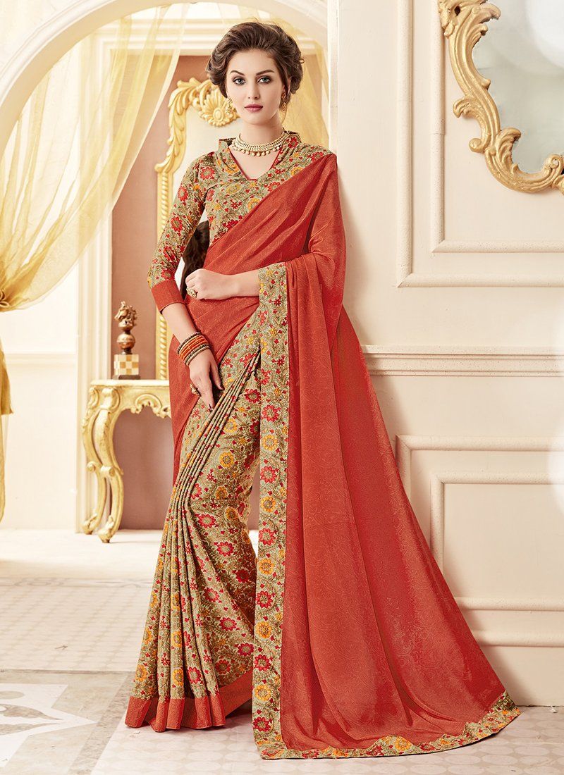 Crepe Silk Party Casual Printed Work Saree- orange - Indian Clothing in Denver, CO, Aurora, CO, Boulder, CO, Fort Collins, CO, Colorado Springs, CO, Parker, CO, Highlands Ranch, CO, Cherry Creek, CO, Centennial, CO, and Longmont, CO. Nationwide shipping USA - India Fashion X