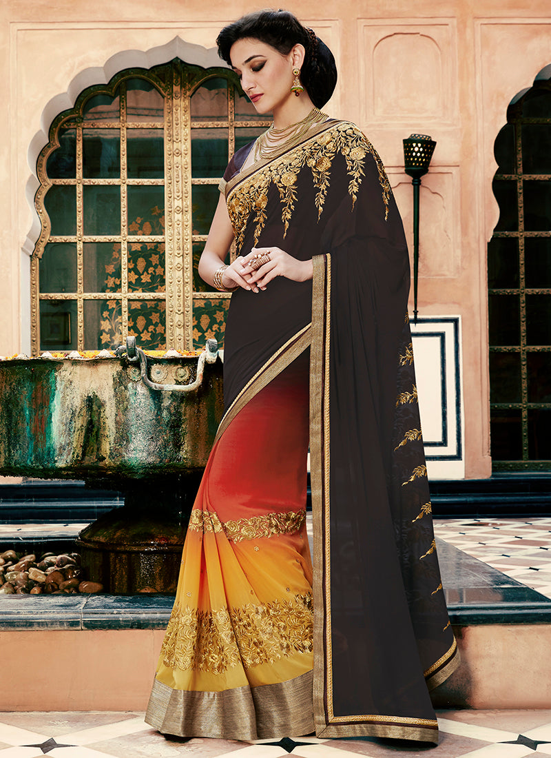 Multi Colour Party Wear Embroidered Work Saree- sunfire - Indian Clothing in Denver, CO, Aurora, CO, Boulder, CO, Fort Collins, CO, Colorado Springs, CO, Parker, CO, Highlands Ranch, CO, Cherry Creek, CO, Centennial, CO, and Longmont, CO. Nationwide shipping USA - India Fashion X