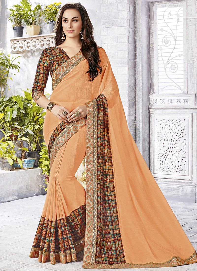 Floral Print Sarees - Peach - Indian Clothing in Denver, CO, Aurora, CO, Boulder, CO, Fort Collins, CO, Colorado Springs, CO, Parker, CO, Highlands Ranch, CO, Cherry Creek, CO, Centennial, CO, and Longmont, CO. Nationwide shipping USA - India Fashion X
