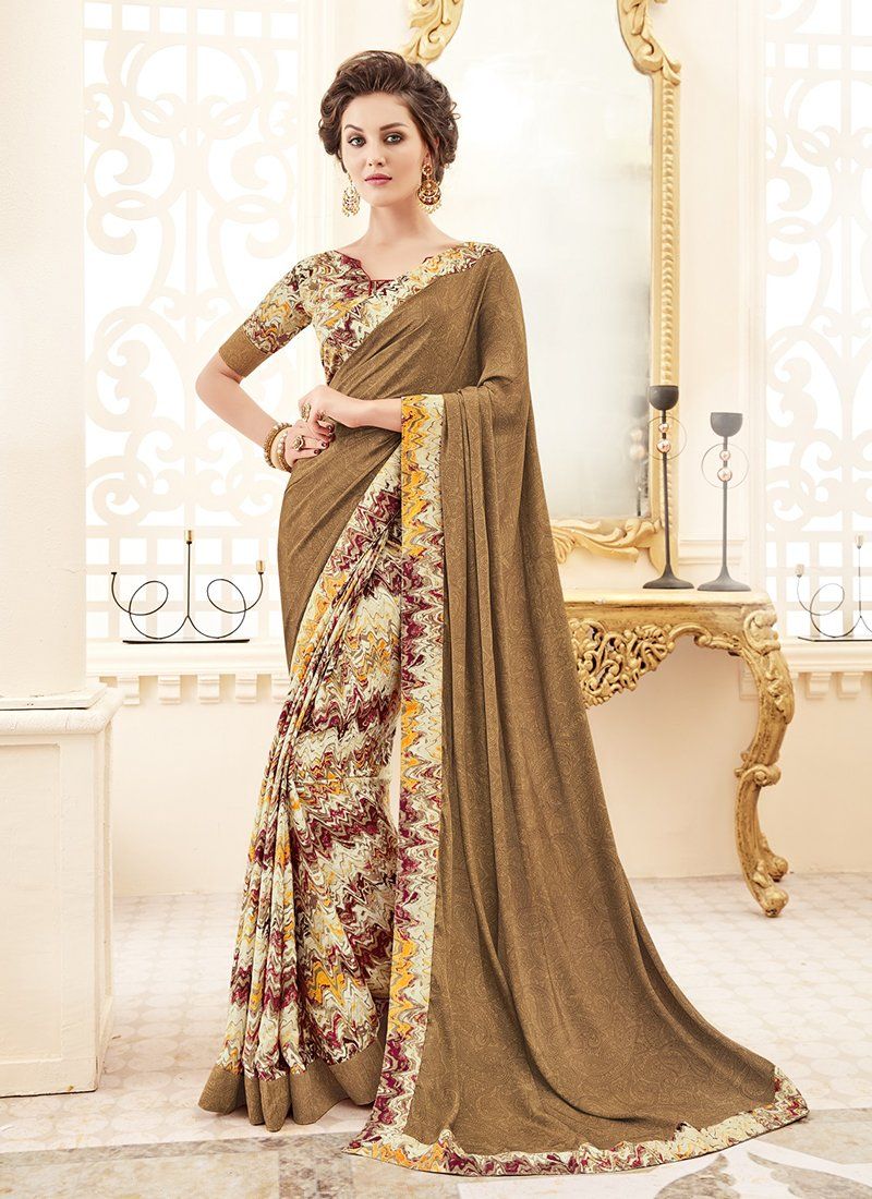 Crepe Silk Party Casual Printed Work Saree- tan - Indian Clothing in Denver, CO, Aurora, CO, Boulder, CO, Fort Collins, CO, Colorado Springs, CO, Parker, CO, Highlands Ranch, CO, Cherry Creek, CO, Centennial, CO, and Longmont, CO. Nationwide shipping USA - India Fashion X