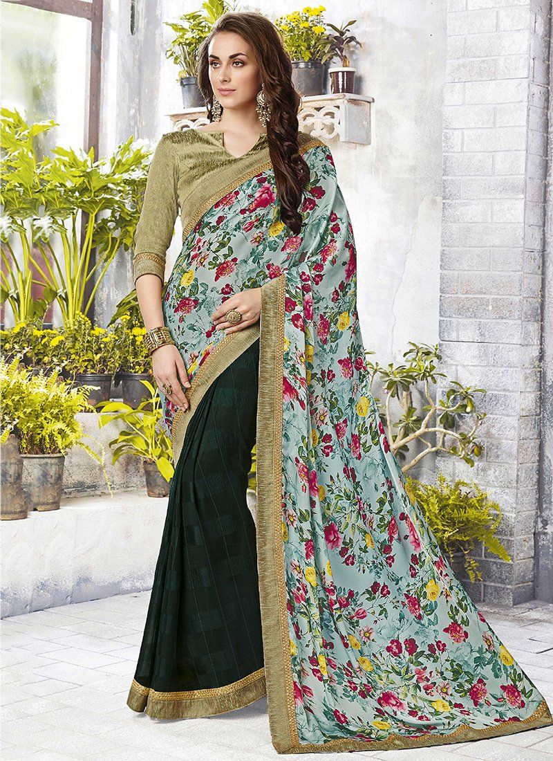 Casual Floral Sarees - green - Indian Clothing in Denver, CO, Aurora, CO, Boulder, CO, Fort Collins, CO, Colorado Springs, CO, Parker, CO, Highlands Ranch, CO, Cherry Creek, CO, Centennial, CO, and Longmont, CO. Nationwide shipping USA - India Fashion X
