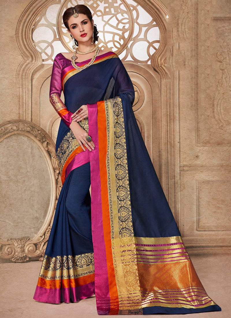 Silk Party Wear Border Work Saree- navy - Indian Clothing in Denver, CO, Aurora, CO, Boulder, CO, Fort Collins, CO, Colorado Springs, CO, Parker, CO, Highlands Ranch, CO, Cherry Creek, CO, Centennial, CO, and Longmont, CO. Nationwide shipping USA - India Fashion X