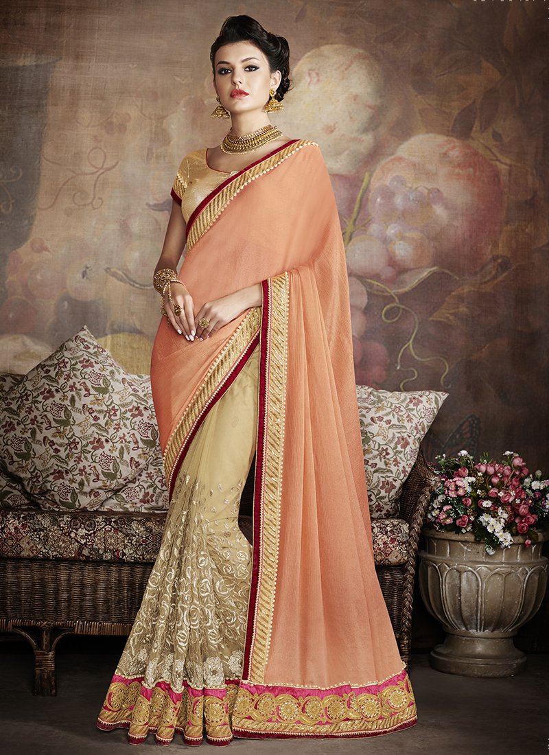 Georgette Formal Wear Embroidered Work Saree  - peach maroon - Indian Clothing in Denver, CO, Aurora, CO, Boulder, CO, Fort Collins, CO, Colorado Springs, CO, Parker, CO, Highlands Ranch, CO, Cherry Creek, CO, Centennial, CO, and Longmont, CO. Nationwide shipping USA - India Fashion X