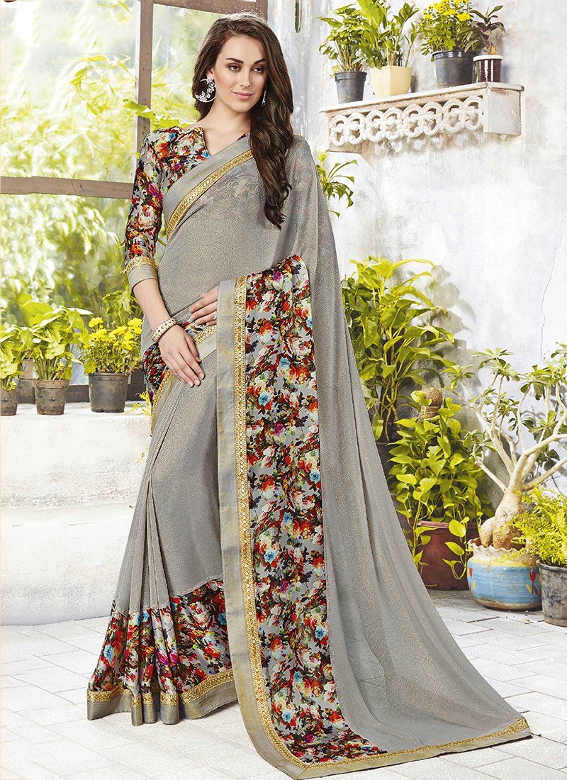 Floral Sarees-Gray - Indian Clothing in Denver, CO, Aurora, CO, Boulder, CO, Fort Collins, CO, Colorado Springs, CO, Parker, CO, Highlands Ranch, CO, Cherry Creek, CO, Centennial, CO, and Longmont, CO. Nationwide shipping USA - India Fashion X