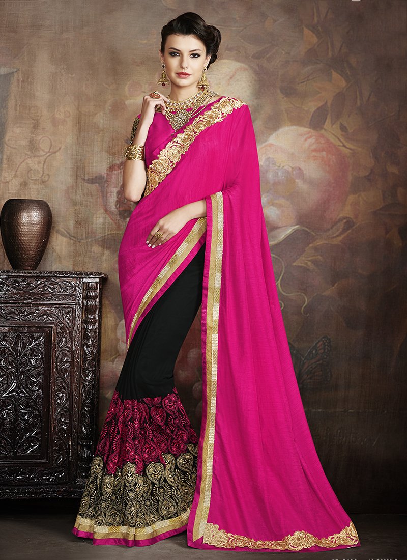 Georgette Formal Wear Embroidered Work Saree  - pink black - Indian Clothing in Denver, CO, Aurora, CO, Boulder, CO, Fort Collins, CO, Colorado Springs, CO, Parker, CO, Highlands Ranch, CO, Cherry Creek, CO, Centennial, CO, and Longmont, CO. Nationwide shipping USA - India Fashion X