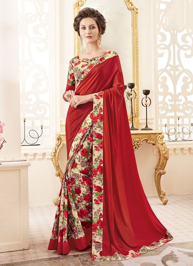 Crepe Silk Party Casual Printed Work Saree- red cream - Indian Clothing in Denver, CO, Aurora, CO, Boulder, CO, Fort Collins, CO, Colorado Springs, CO, Parker, CO, Highlands Ranch, CO, Cherry Creek, CO, Centennial, CO, and Longmont, CO. Nationwide shipping USA - India Fashion X