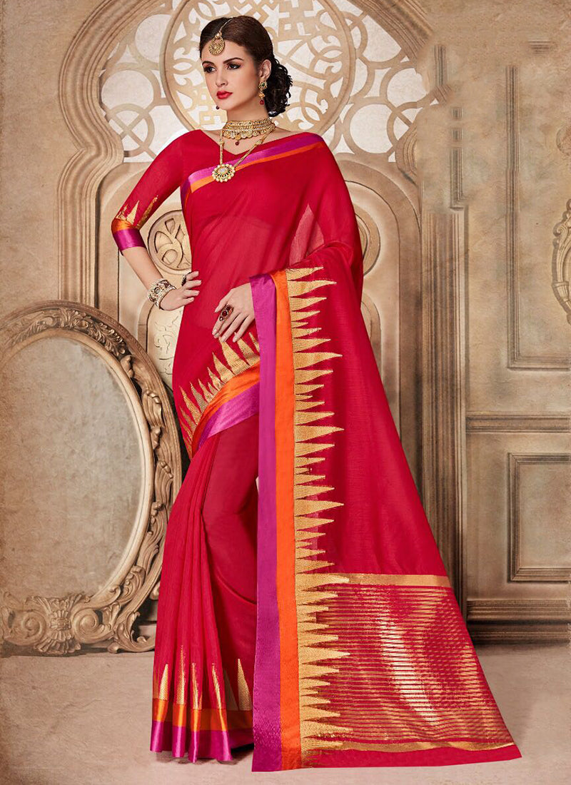 Silk Party Wear Border Work Saree- red gold - Indian Clothing in Denver, CO, Aurora, CO, Boulder, CO, Fort Collins, CO, Colorado Springs, CO, Parker, CO, Highlands Ranch, CO, Cherry Creek, CO, Centennial, CO, and Longmont, CO. Nationwide shipping USA - India Fashion X
