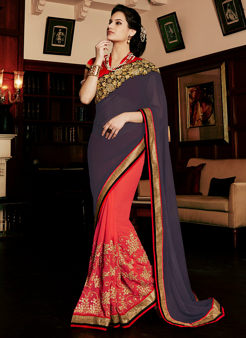 Multi Colour Party Wear Embroidered Work Saree- Navy red - Indian Clothing in Denver, CO, Aurora, CO, Boulder, CO, Fort Collins, CO, Colorado Springs, CO, Parker, CO, Highlands Ranch, CO, Cherry Creek, CO, Centennial, CO, and Longmont, CO. Nationwide shipping USA - India Fashion X