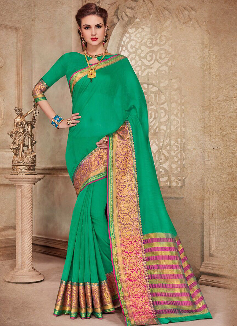 Silk Party Wear Border Work Saree- green - Indian Clothing in Denver, CO, Aurora, CO, Boulder, CO, Fort Collins, CO, Colorado Springs, CO, Parker, CO, Highlands Ranch, CO, Cherry Creek, CO, Centennial, CO, and Longmont, CO. Nationwide shipping USA - India Fashion X