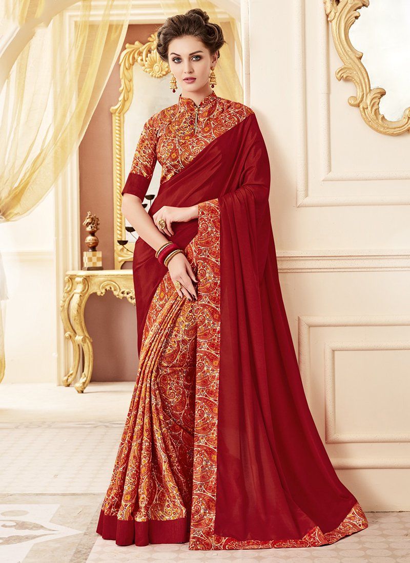 Crepe Silk Party Casual Printed Work Saree- dark red - Indian Clothing in Denver, CO, Aurora, CO, Boulder, CO, Fort Collins, CO, Colorado Springs, CO, Parker, CO, Highlands Ranch, CO, Cherry Creek, CO, Centennial, CO, and Longmont, CO. Nationwide shipping USA - India Fashion X