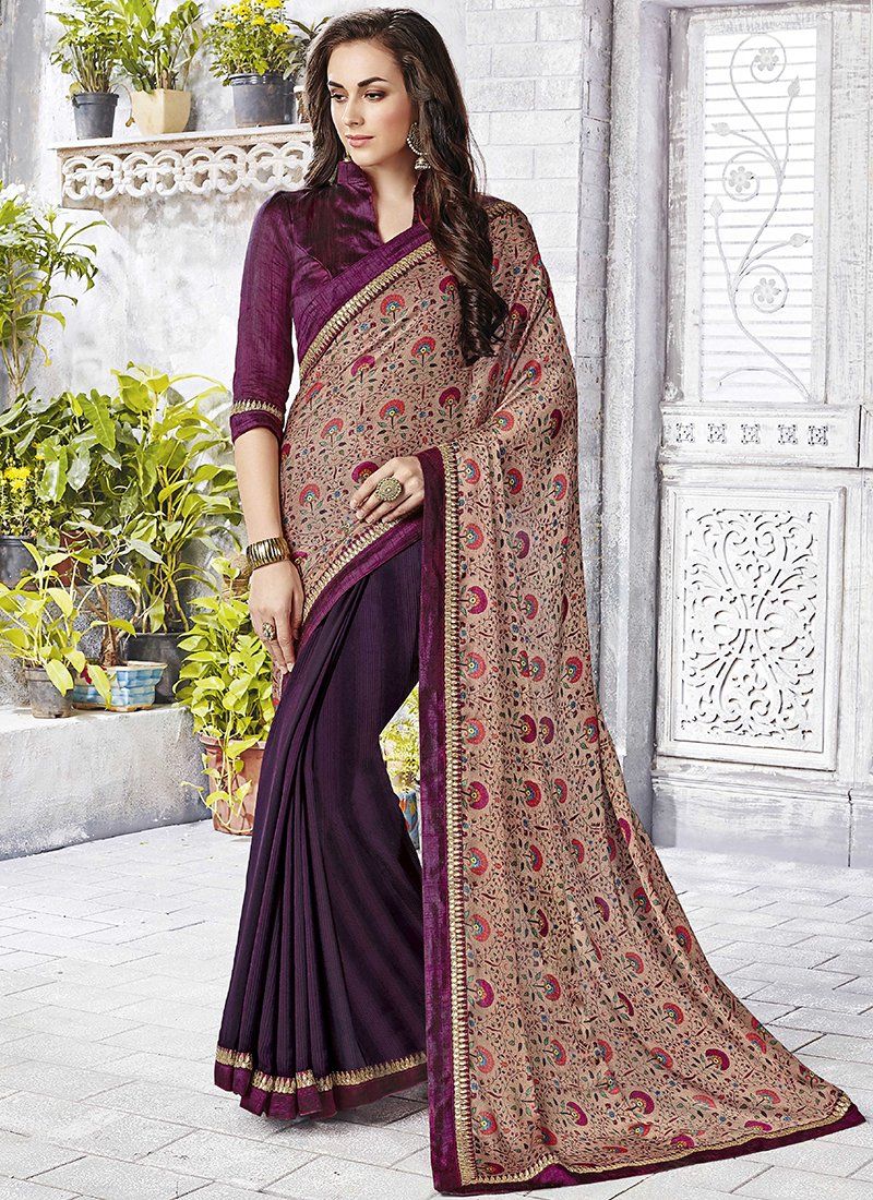 Floral Print Sarees - Wine - Indian Clothing in Denver, CO, Aurora, CO, Boulder, CO, Fort Collins, CO, Colorado Springs, CO, Parker, CO, Highlands Ranch, CO, Cherry Creek, CO, Centennial, CO, and Longmont, CO. Nationwide shipping USA - India Fashion X