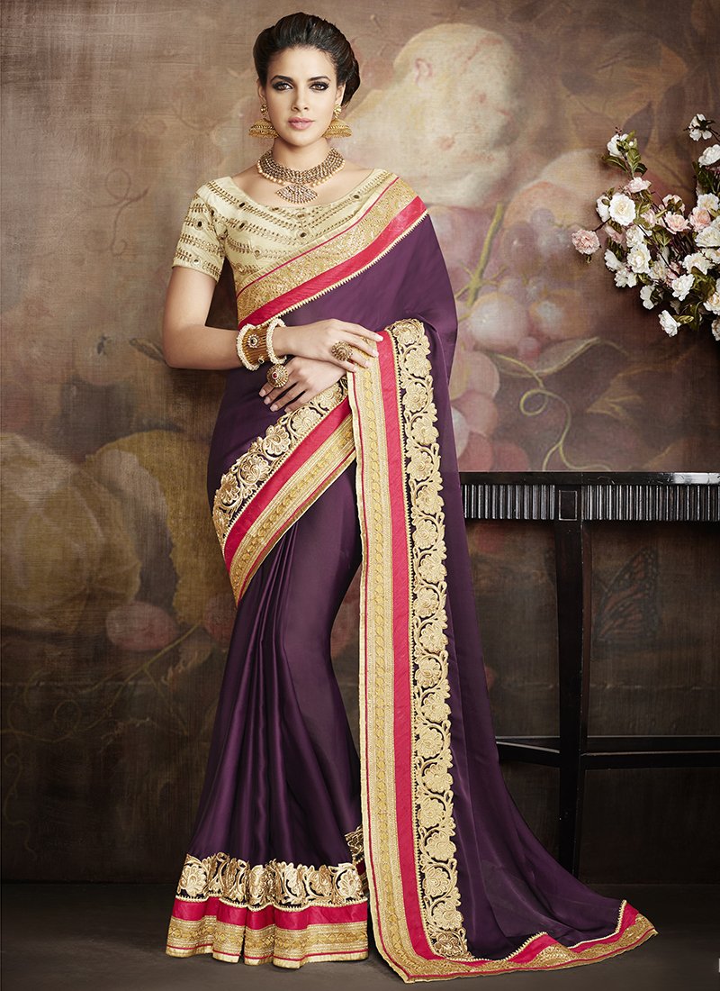 Georgette Formal Wear Embroidered Work Saree  - wine - Indian Clothing in Denver, CO, Aurora, CO, Boulder, CO, Fort Collins, CO, Colorado Springs, CO, Parker, CO, Highlands Ranch, CO, Cherry Creek, CO, Centennial, CO, and Longmont, CO. Nationwide shipping USA - India Fashion X