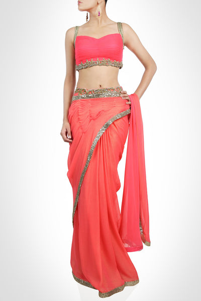 Pre-draped Coral Saree in Luscious Pink - Indian Clothing in Denver, CO, Aurora, CO, Boulder, CO, Fort Collins, CO, Colorado Springs, CO, Parker, CO, Highlands Ranch, CO, Cherry Creek, CO, Centennial, CO, and Longmont, CO. Nationwide shipping USA - India Fashion X