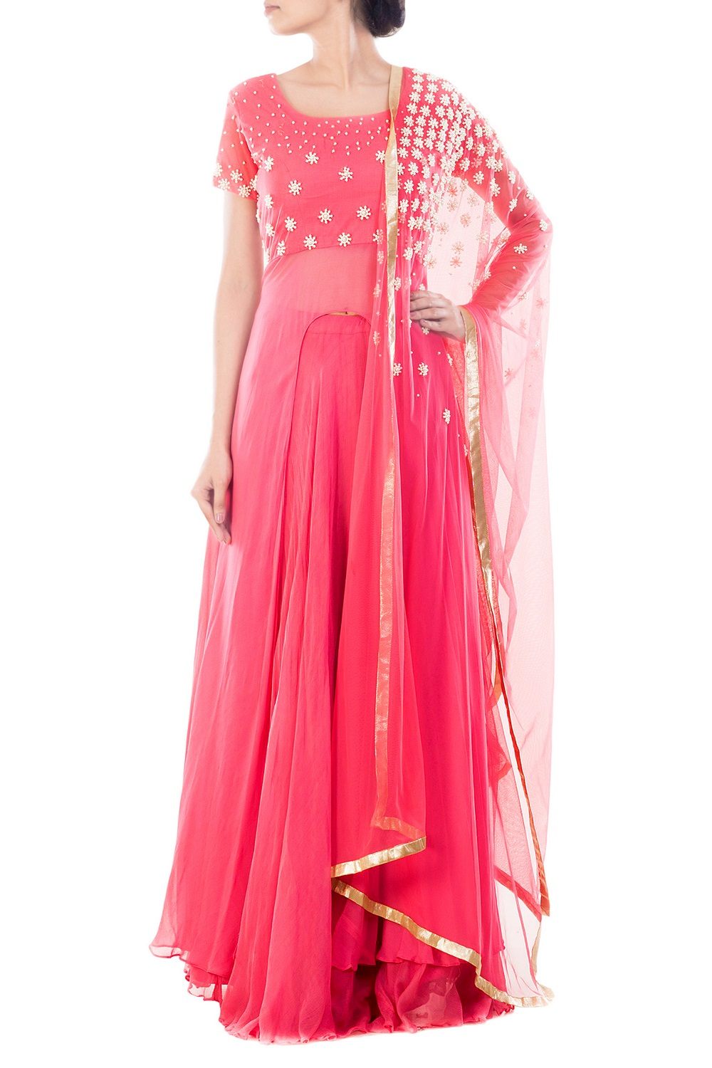 Strawberry Pink Embroidered Lehenga Set - Indian Clothing in Denver, CO, Aurora, CO, Boulder, CO, Fort Collins, CO, Colorado Springs, CO, Parker, CO, Highlands Ranch, CO, Cherry Creek, CO, Centennial, CO, and Longmont, CO. Nationwide shipping USA - India Fashion X