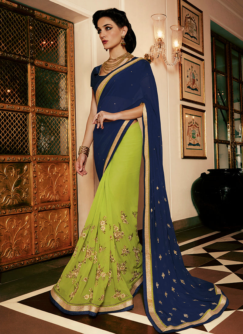 Multi Colour Party Wear Embroidered Work Saree- navy - Indian Clothing in Denver, CO, Aurora, CO, Boulder, CO, Fort Collins, CO, Colorado Springs, CO, Parker, CO, Highlands Ranch, CO, Cherry Creek, CO, Centennial, CO, and Longmont, CO. Nationwide shipping USA - India Fashion X